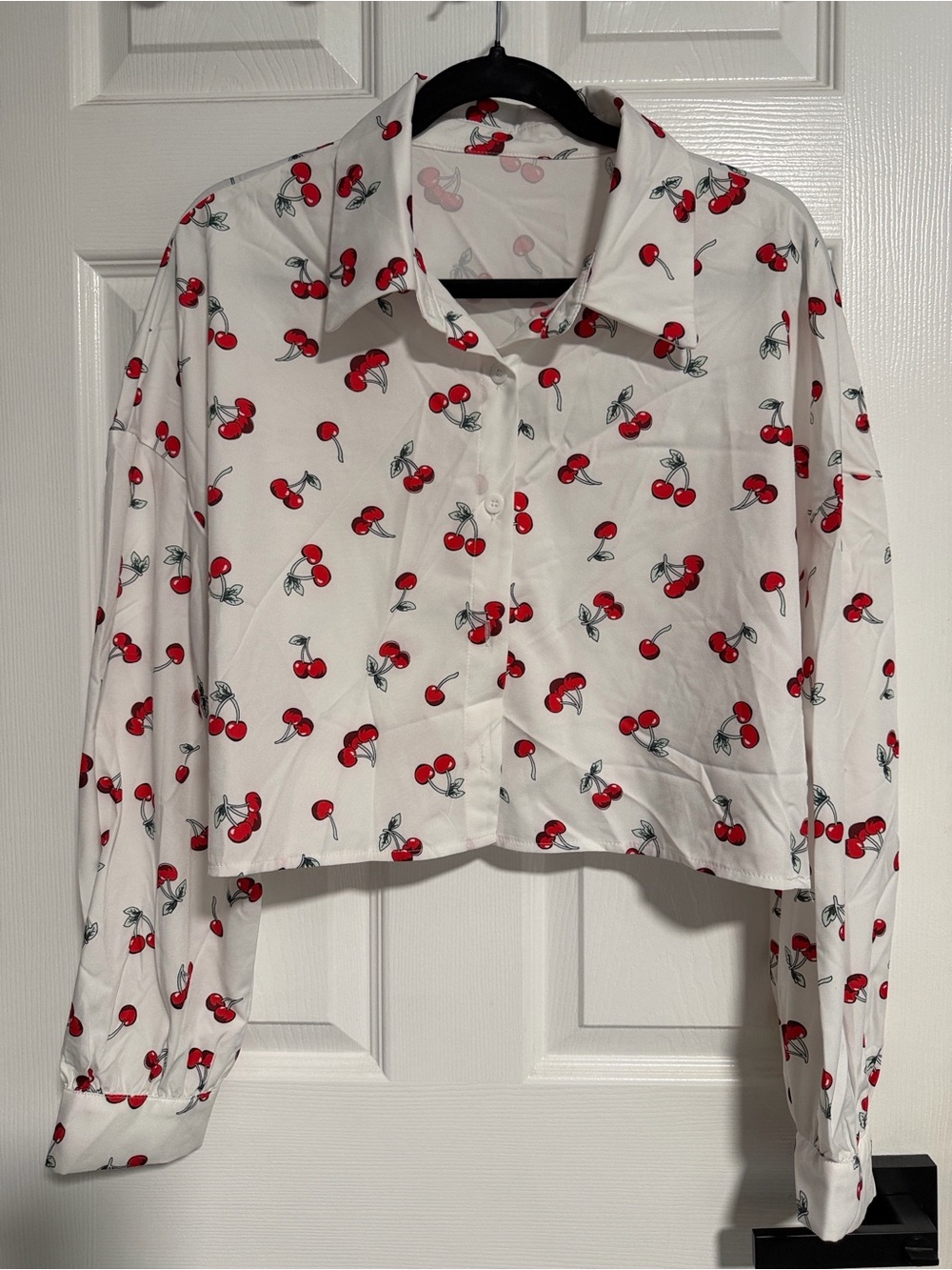 SHEIN White Cropped Button-Down Shirt with Red Cherry Print